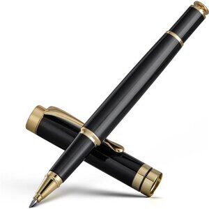 Ballpoint Pens, Stunning Black Chrome Metal Pen with Golden Trim